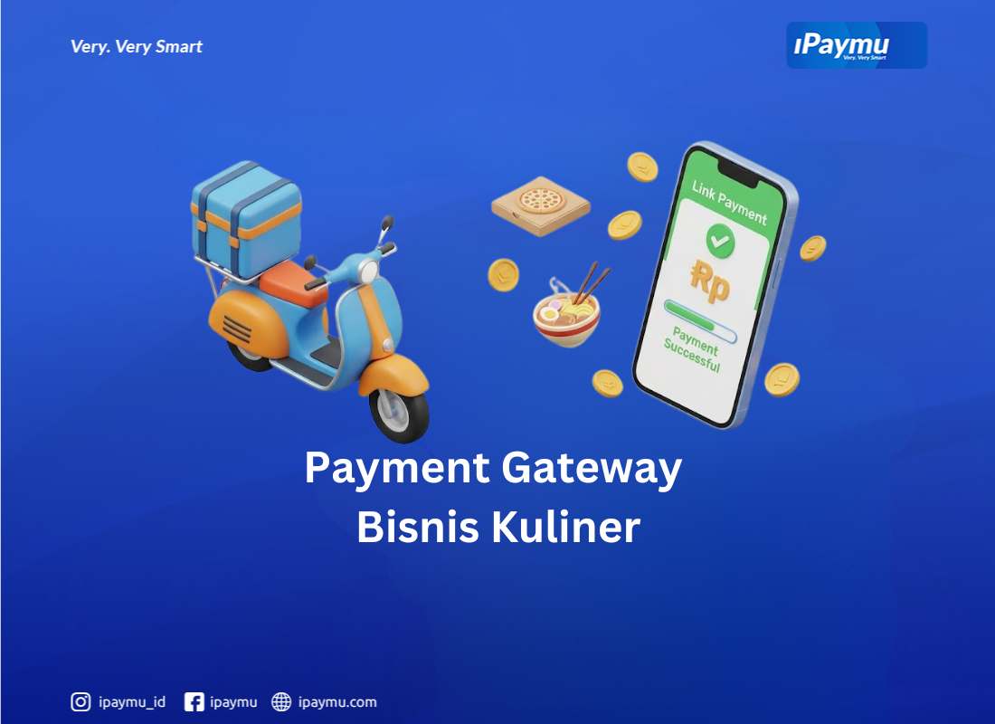 Ilustrasi sepeda motor pengantar makanan 3D dan smartphone menampilkan konfirmasi link pembayaran cashless iPaymu
