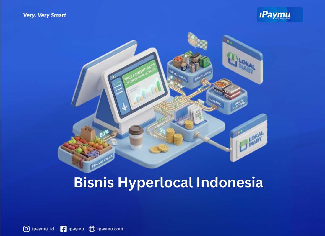 Ekosistem marketplace hyperlocal 3D mini dengan gerbang pembayaran pusat terhubung garis data emas otomatisasi bagi hasil iPaymu