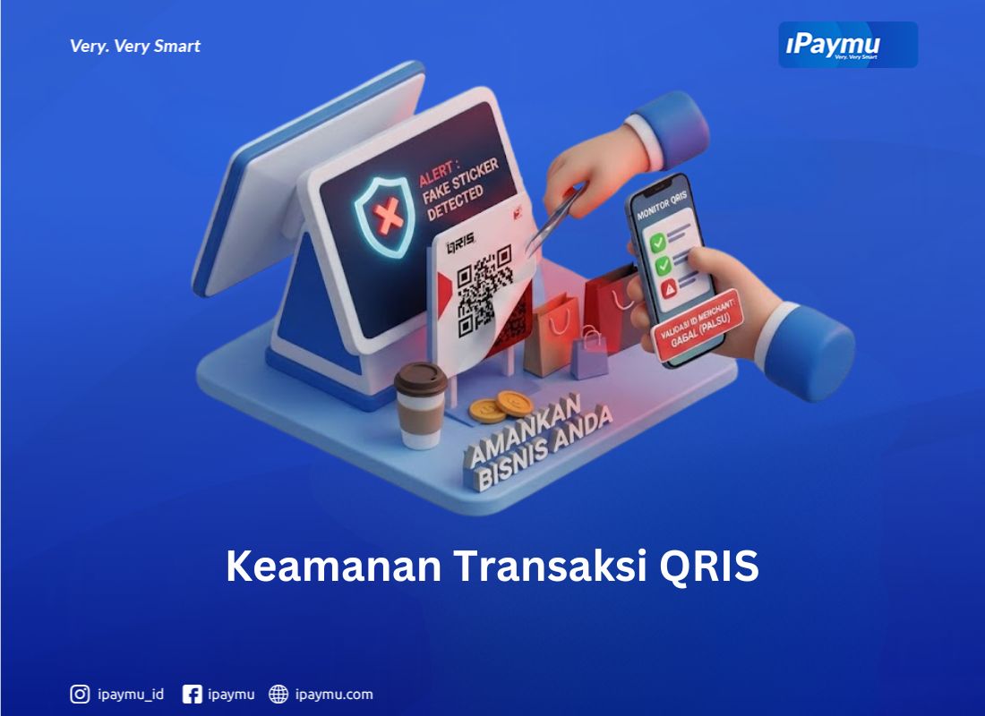 Visualisasi konsep investigasi keamanan QRIS dengan validasi identitas, monitor notifikasi, dan alert stiker palsu iPaymu