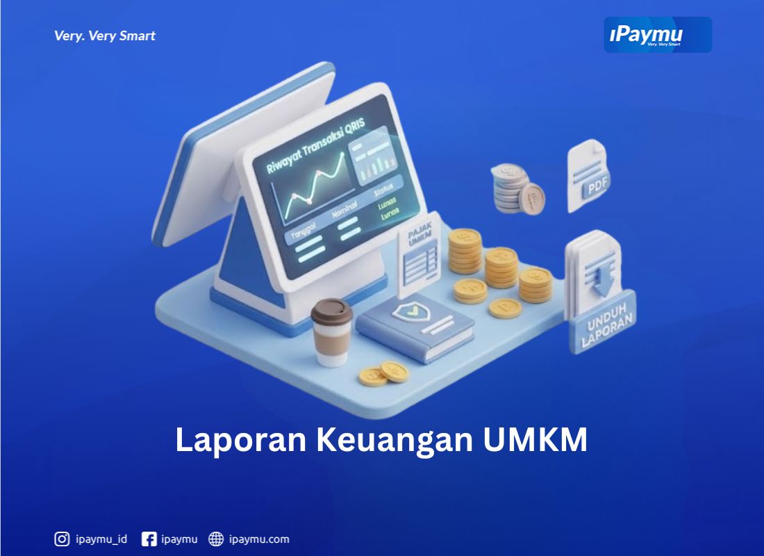 Dashboard laporan keuangan 3D iPaymu menampilkan grafik riwayat transaksi QRIS dan dokumen pajak