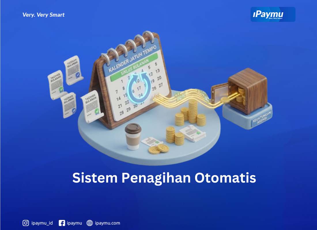 Dashboard iPaymu menampilkan sistem penagihan otomatis recurring payment dengan kalender 3D dan konfirmasi invoice digital bulanan